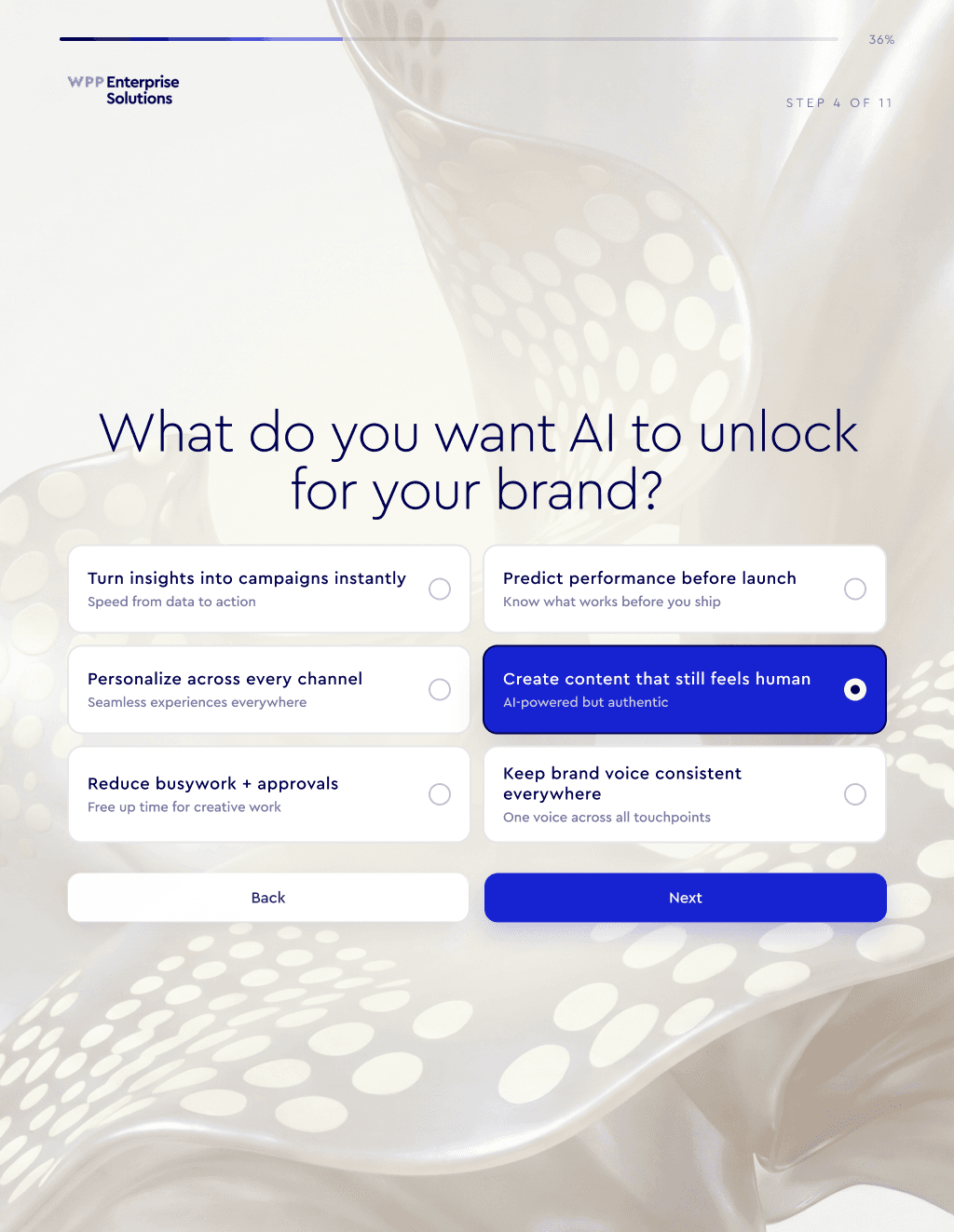 Original Figma UI, WPP–Adobe Mantra R1: the desired-outcome question, presented in an iPad frame.