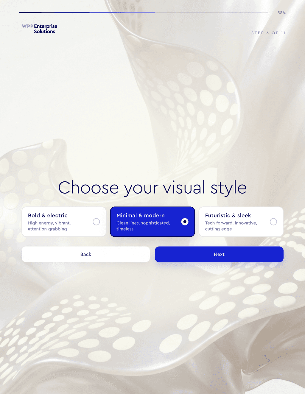 Original Figma UI, WPP–Adobe Mantra R1: the visual-style question makes the fourth choice explicit. Presented in an iPad frame.