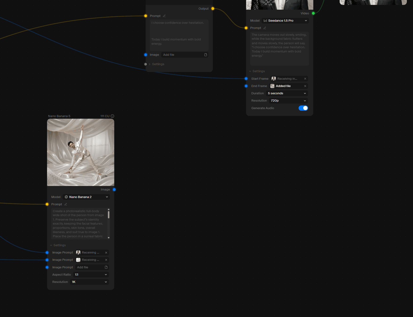 Live-app workflow review shared by Naeem, April 20, 2026: image generation, prompts and Seedance inputs are visible. We were checking the end-frame connection; this is a development screenshot.