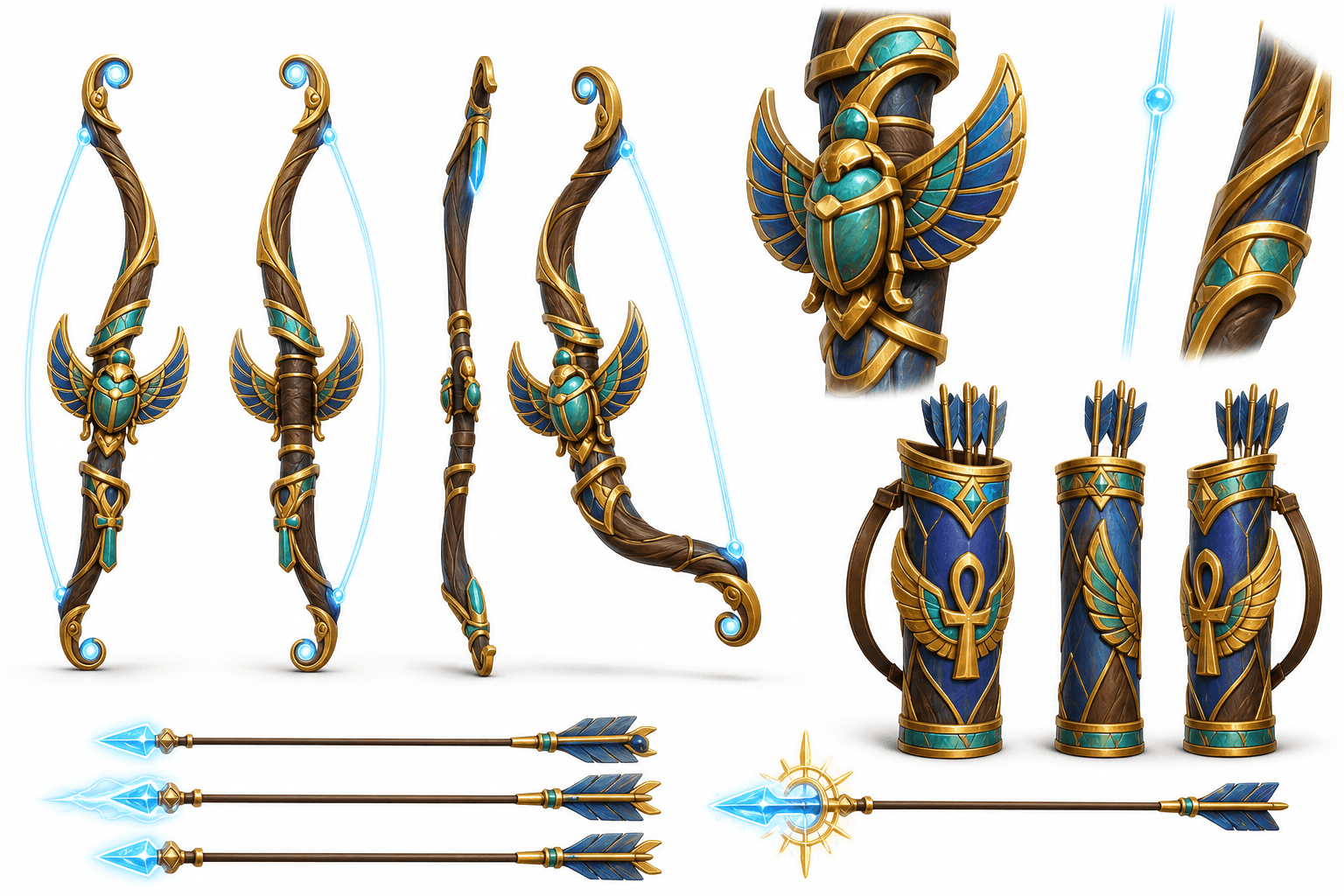Earlier bow, arrow and quiver reference sheet from the September asset package. The scarab-heavy direction was revised later as I refined grip, orientation and sightlines. Reference art, not the final runtime bow.
