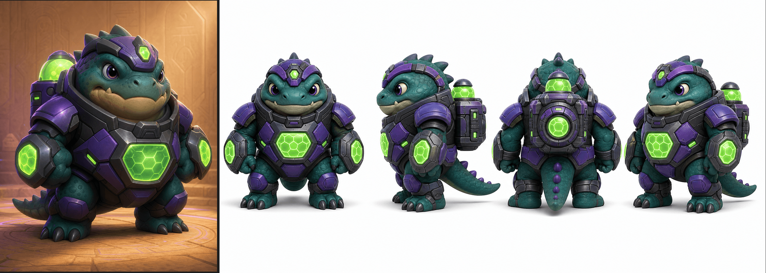 Existing brute character reference sheet, with multiple views for the model work. Concept art supports a consistent silhouette and palette; it does not establish the final animation or in-game result.