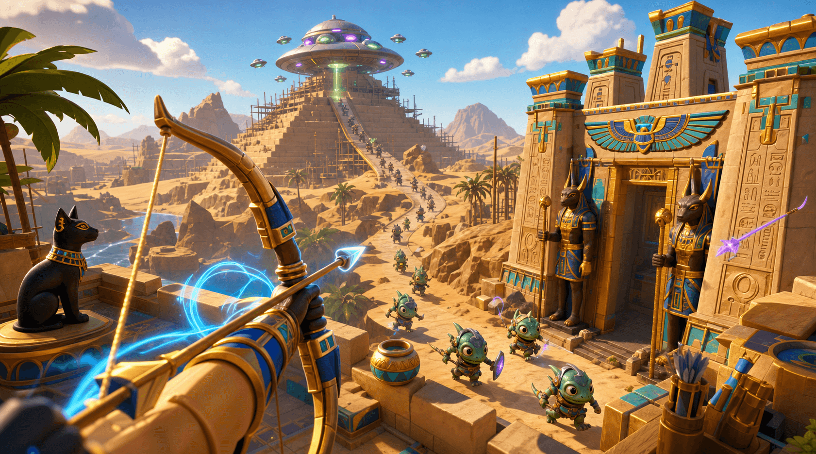 Existing Egyptian-world concept reference: sandstone, gold, turquoise, a defended temple and invaders descending from the unfinished pyramid. Reference art, not a gameplay screenshot.