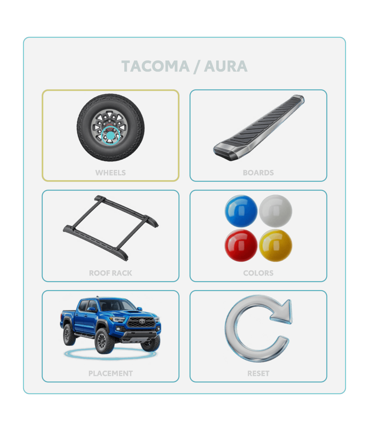Unity-rendered menu study for release 0.1.57, showing wheels, boards, roof rack, colors, placement and reset. This layout study is not a headset recording.