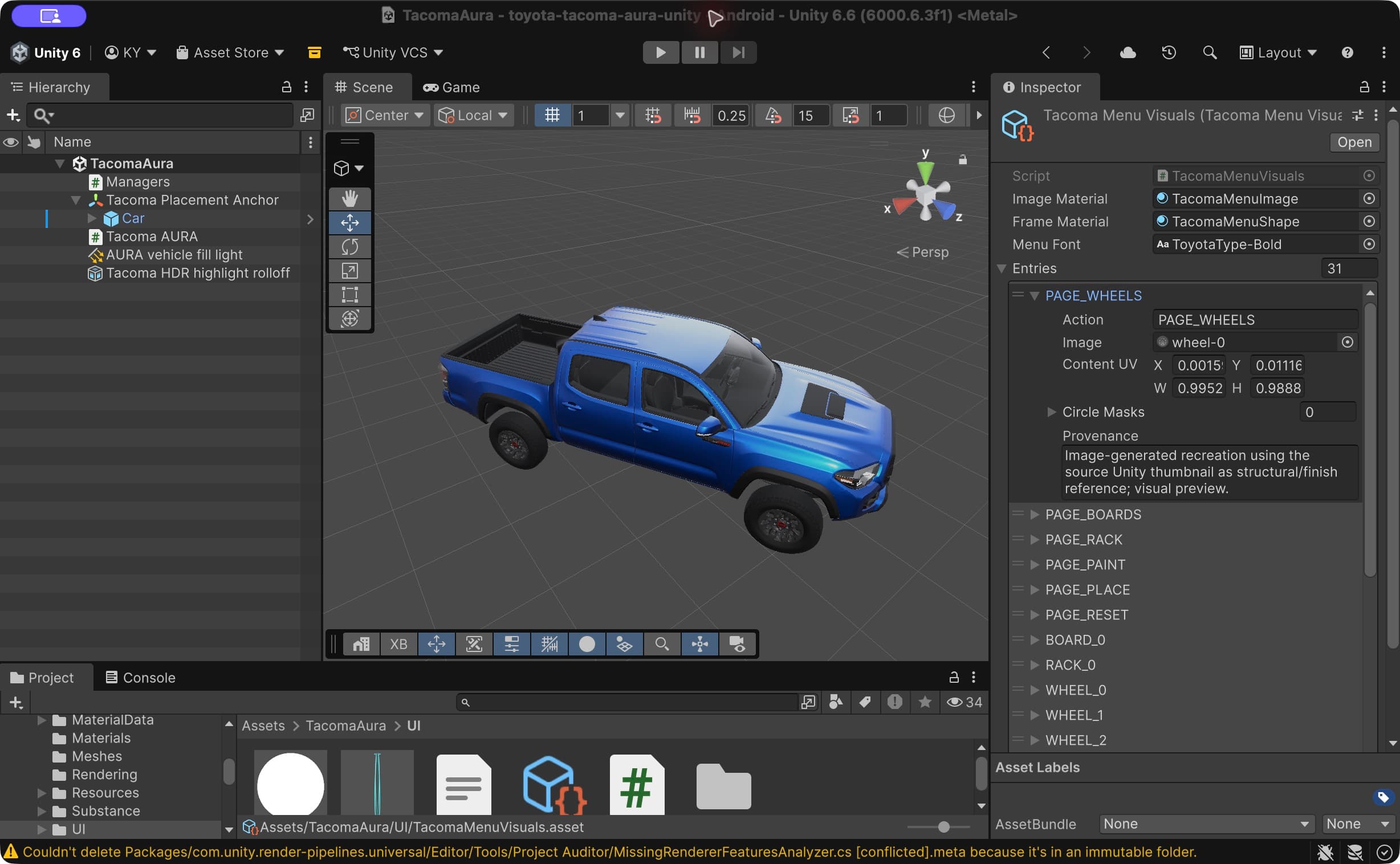 Unity Editor: TacomaMenuVisuals holds the menu materials, typeface and card entries. The Wheels entry pairs its image with a note on how it was generated.