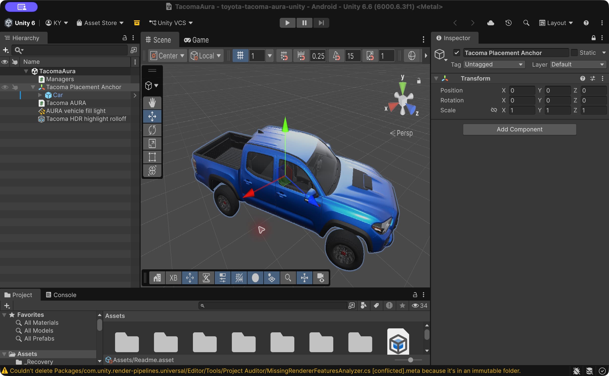 Unity Editor, Edit mode: Car is parented to Tacoma Placement Anchor. The selected support anchor has unit scale in the saved scene.