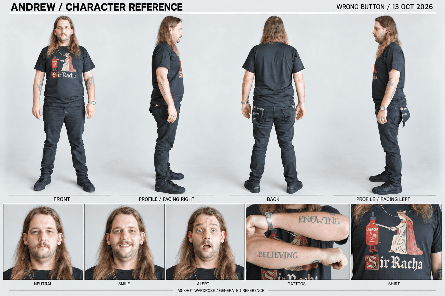 Generated Andrew reference sheet reconstructed from shoot photographs. An as-shot appearance guide; the photographs and performance remain the factual reference.