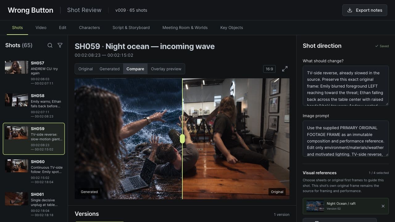 Actual review-app capture, October 29: shot direction, references and versions stay together. In this workspace view the generated image is on the left and the original on the right; the paired motion clips above use the opposite order.