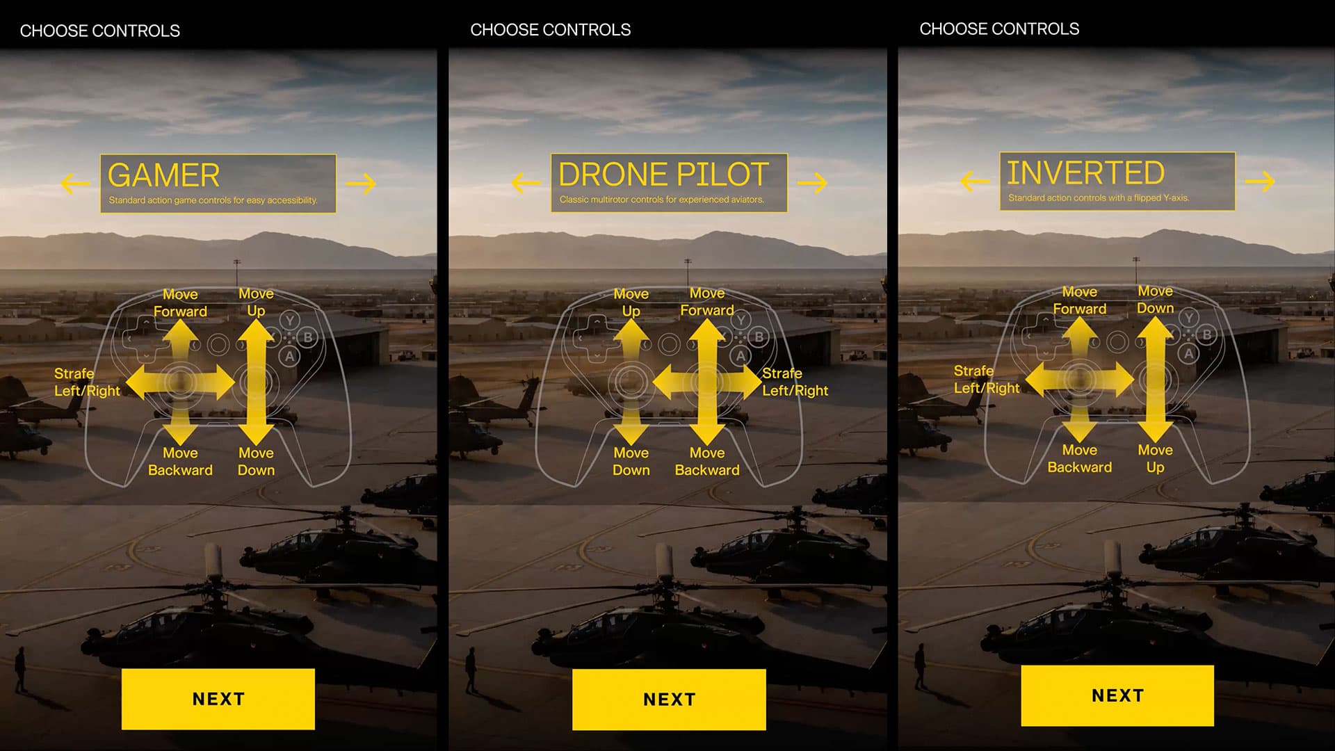 Gamer, Inverted, and Drone controller scheme selection screens
