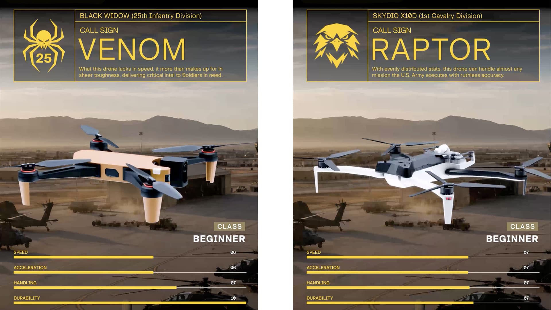 Venom and Raptor drone selection cards and performance ratings