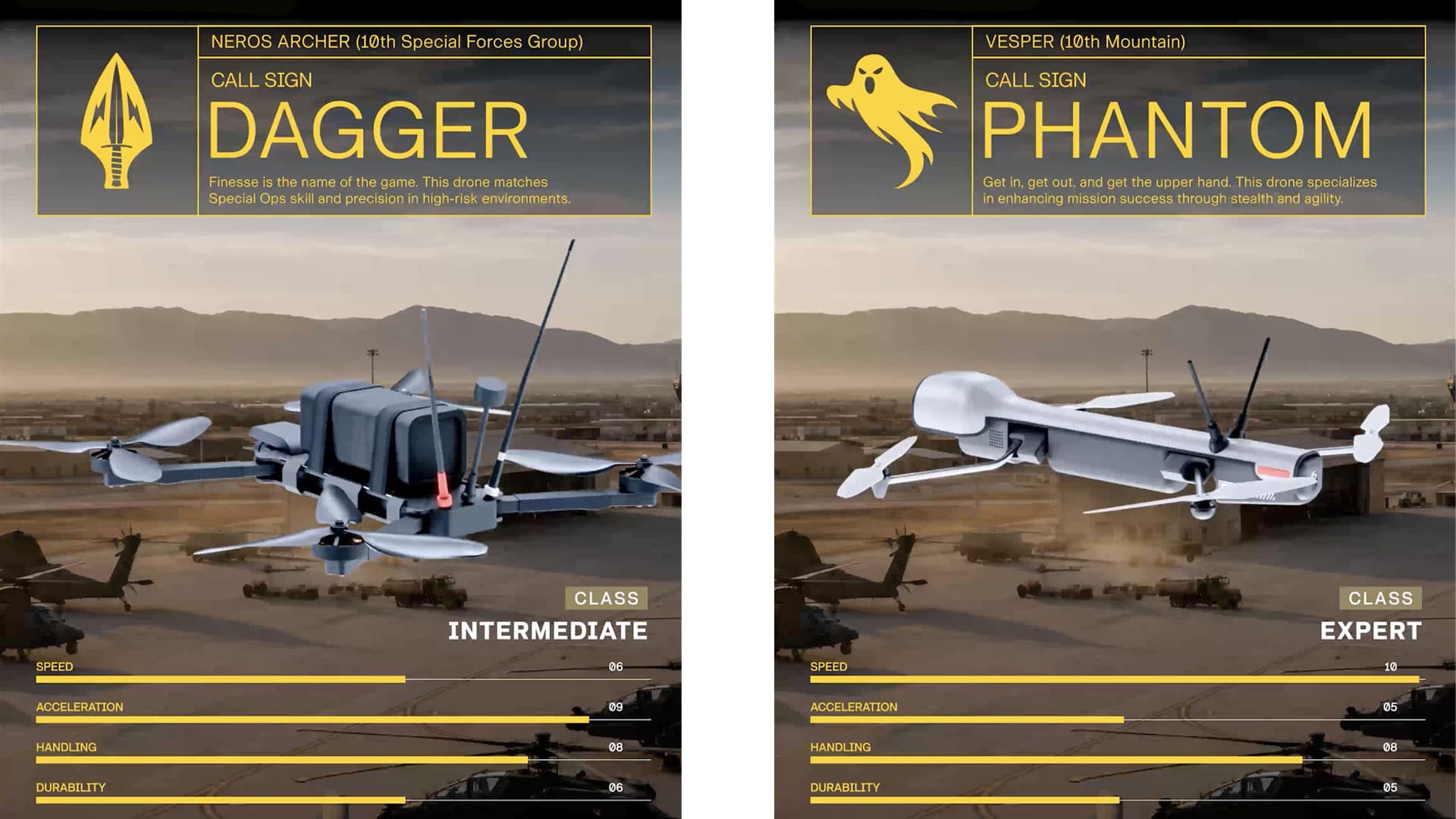 Dagger and Phantom drone selection cards and performance ratings