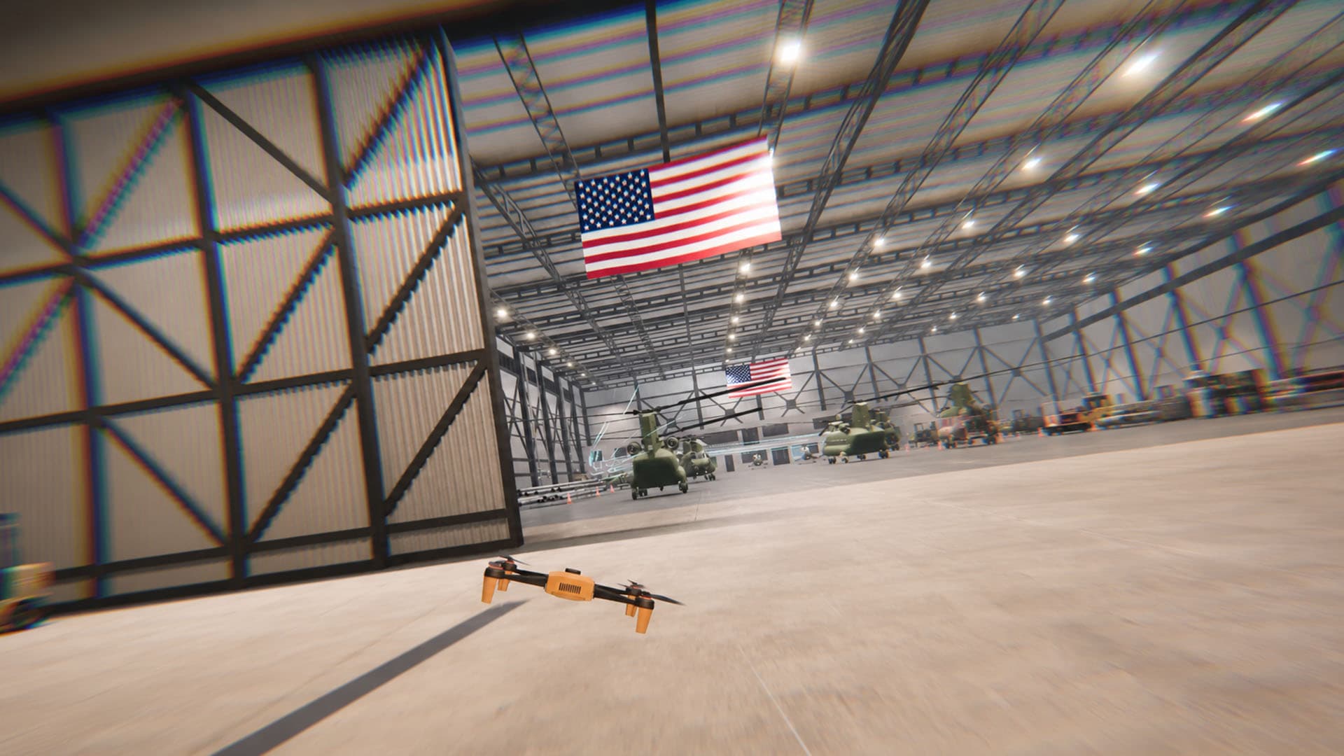 Drone flying through a hangar in the game cinematic