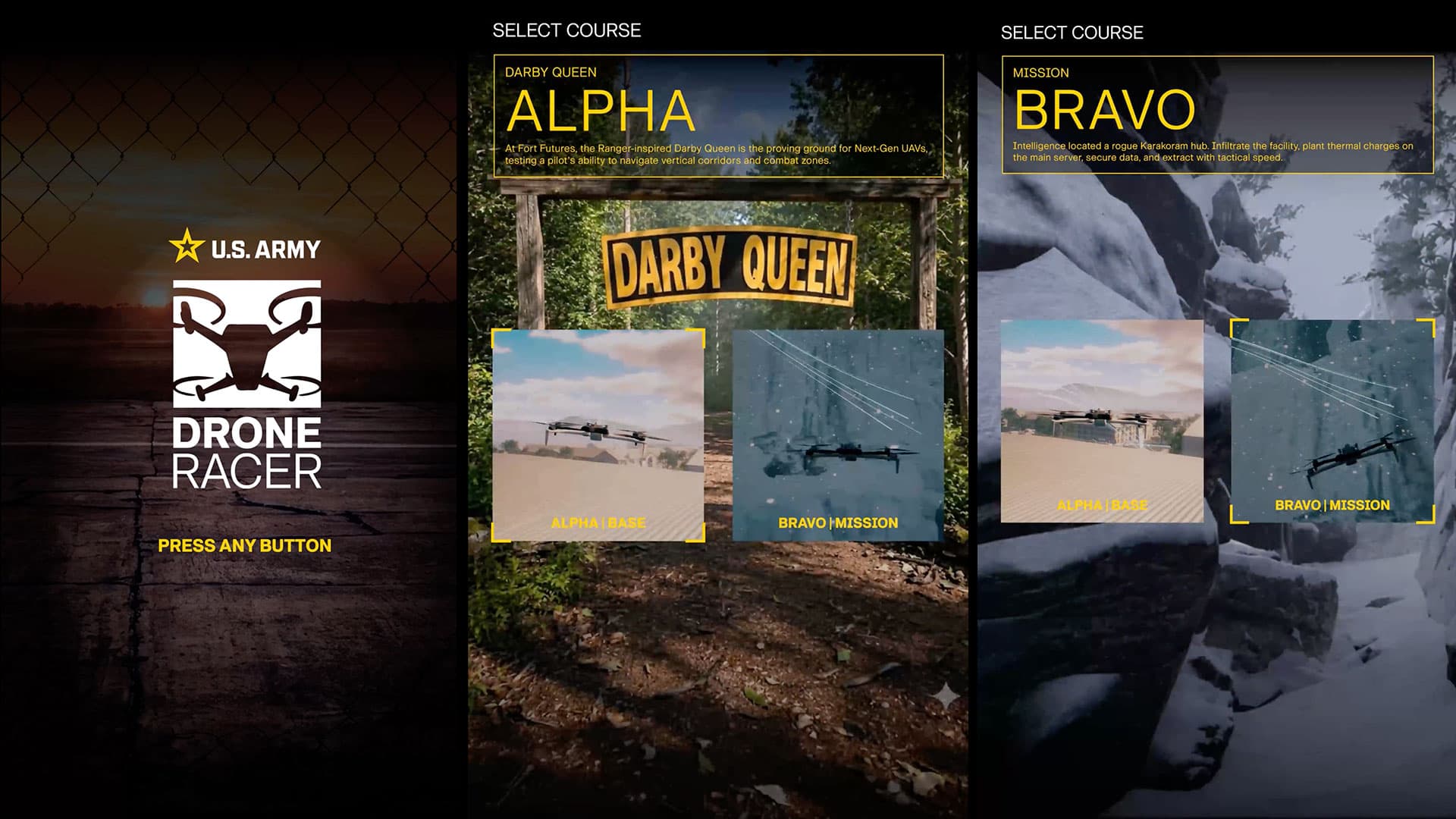 Alpha and Bravo course selection screens