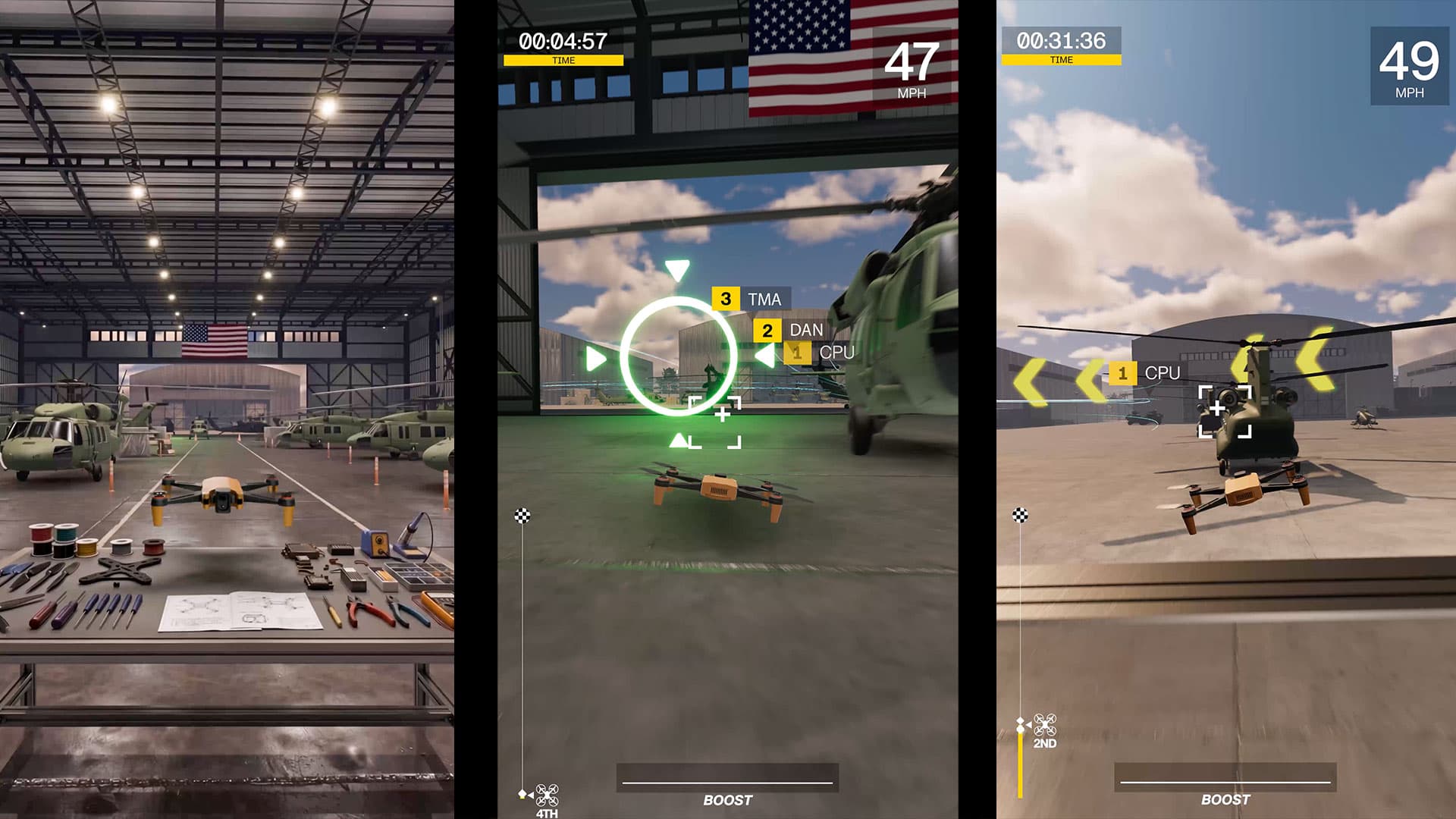 Alpha course gameplay through hangars and outdoor checkpoints