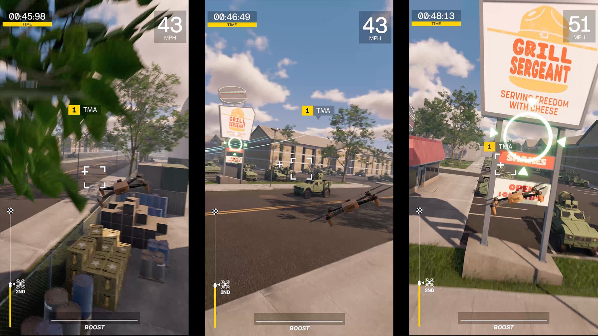 Alpha course gameplay around training buildings and obstacles