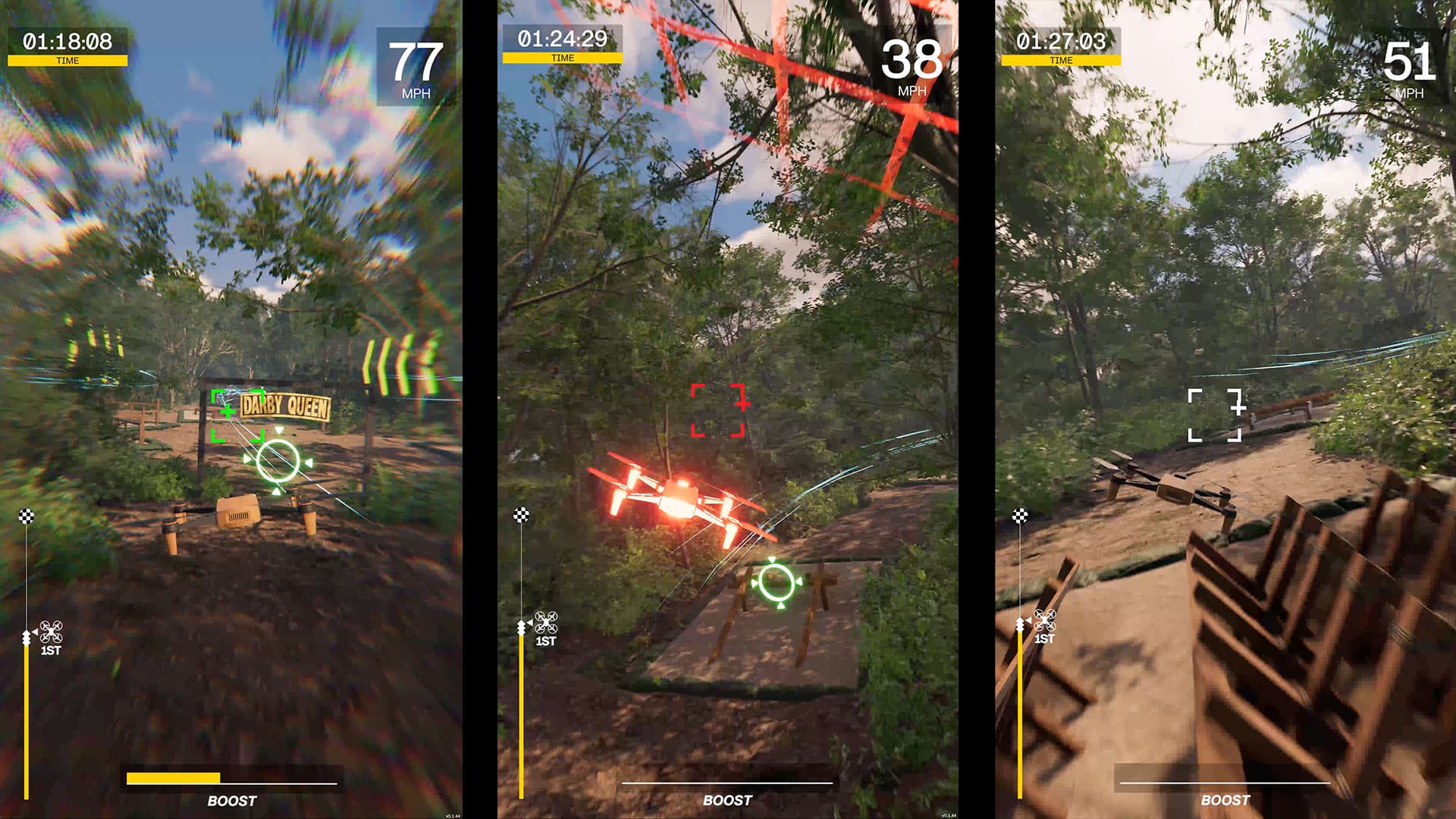 Alpha course gameplay through wooded flight checkpoints