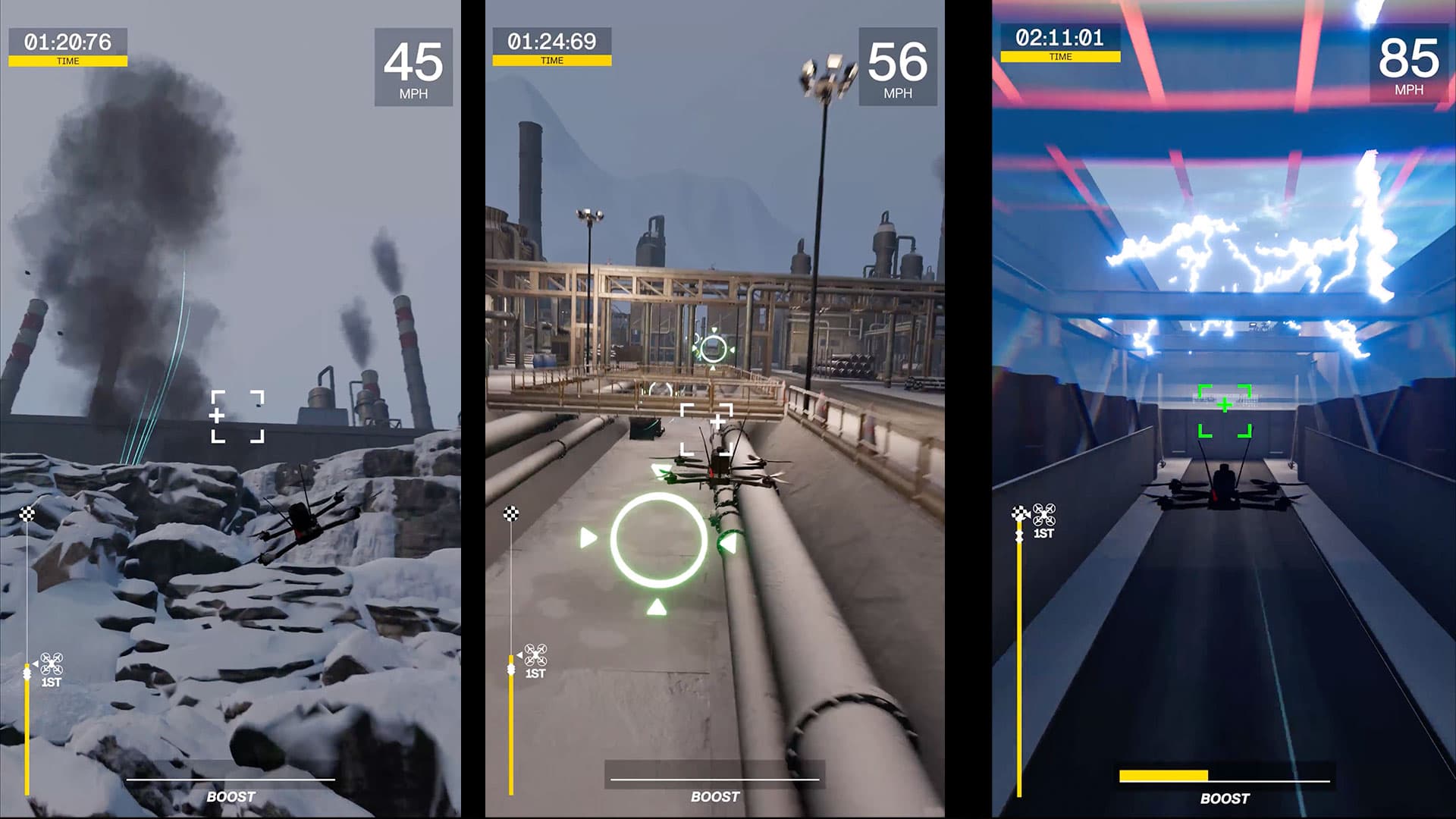 Bravo course gameplay in snowy and industrial settings