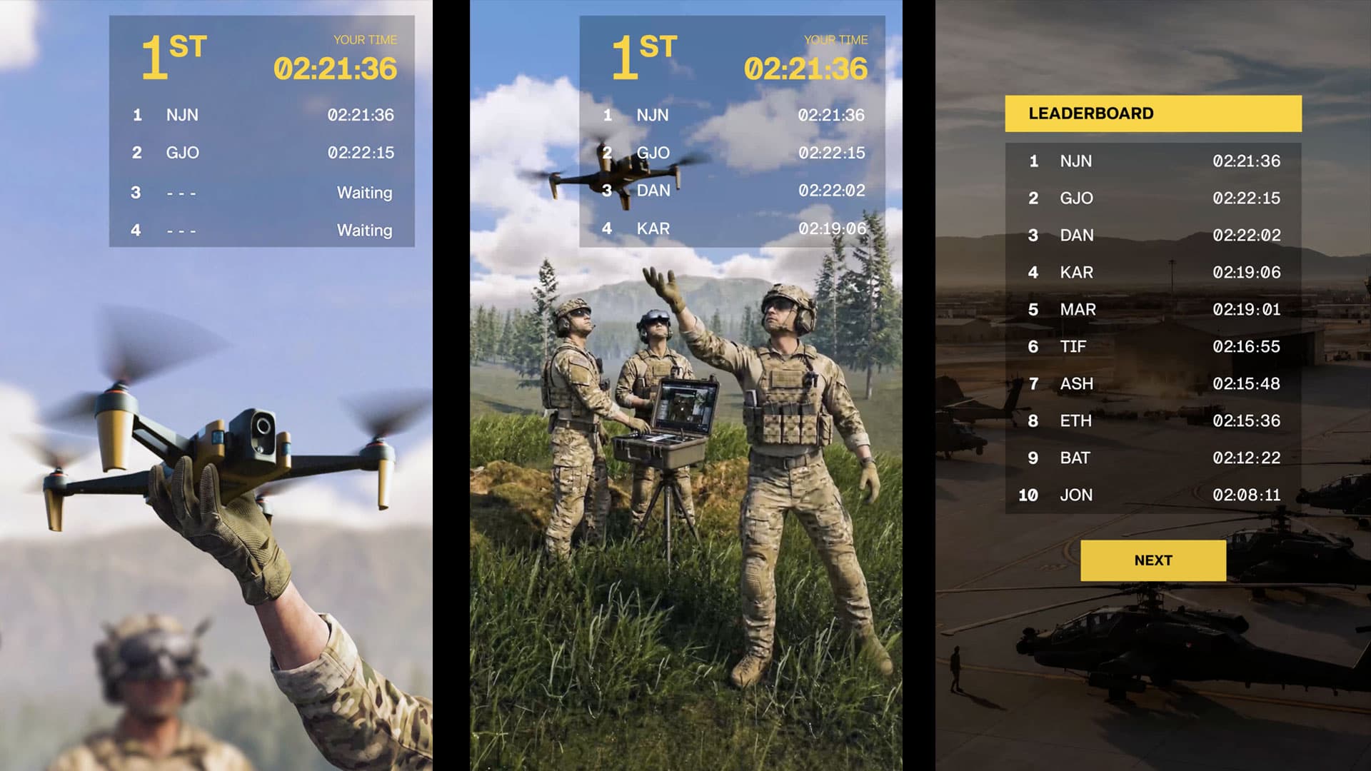 Drone Racer podium results and leaderboard screens