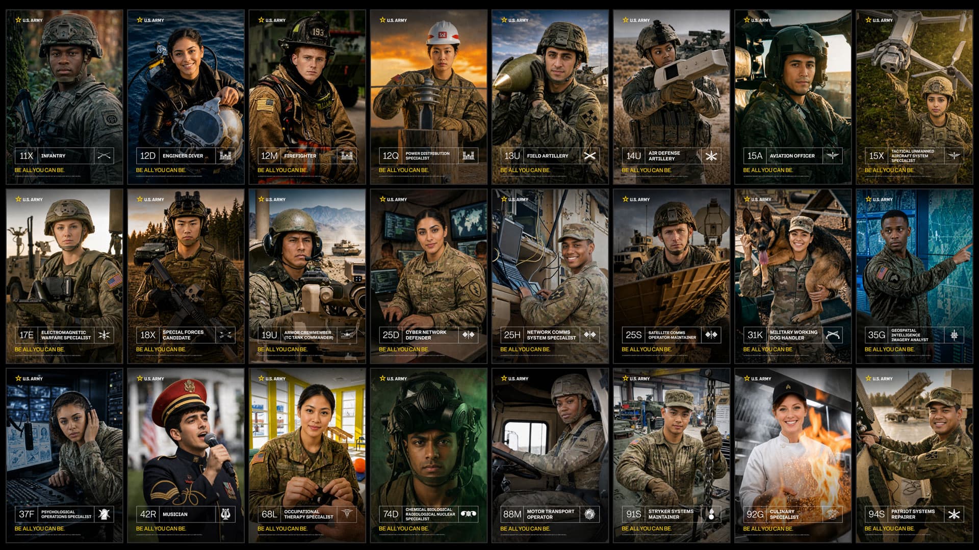 Grid of generated portraits representing Army career specialties
