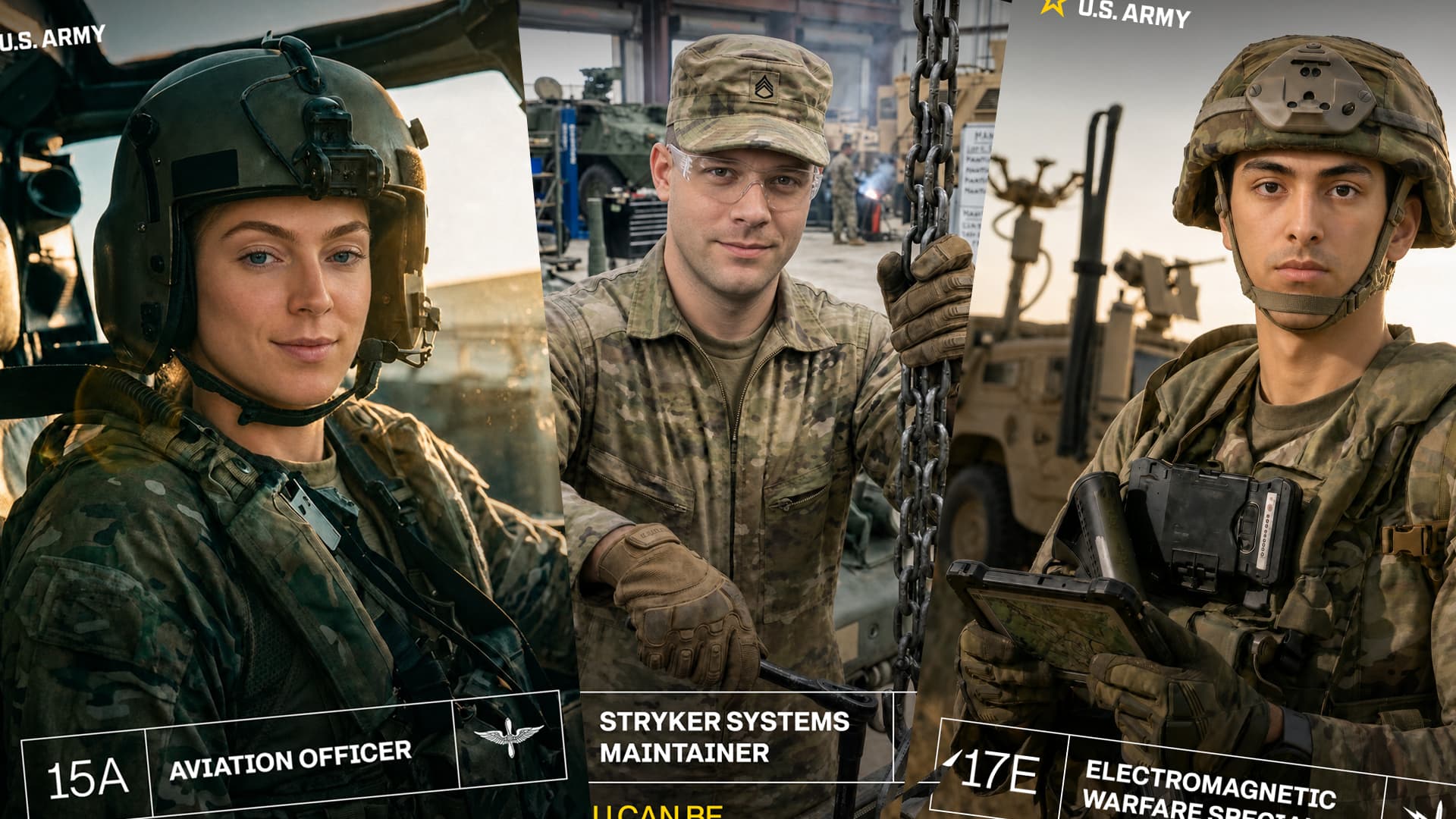 Army career portraits for aviation, Stryker systems, and electromagnetic warfare